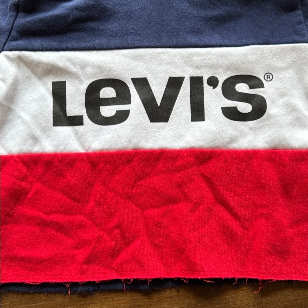 Sz S 8-10 Levi's blue, white, and red colorblock cropped hoodie sweatshirt
